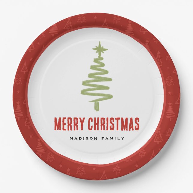 Green & Red Minimal Christmas Tree Family Holiday Paper Plates (Front)