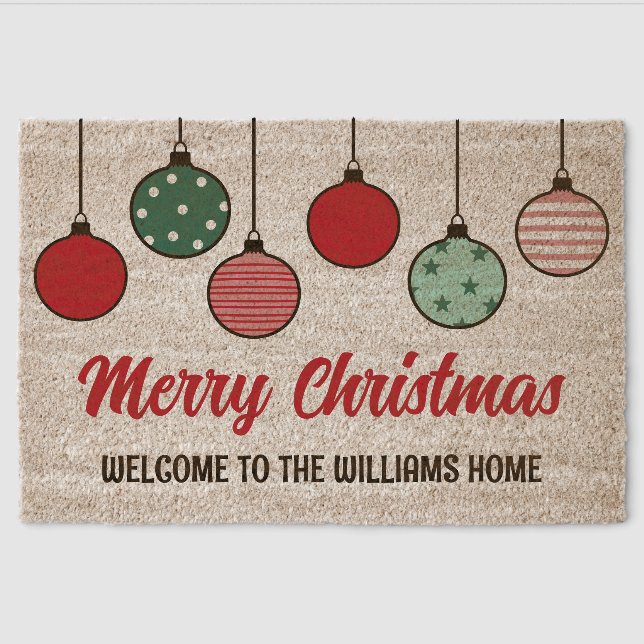 Green Red Mint Pink Baubles Merry Christmas Fiber Doormat (Front)