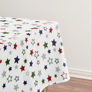 Green Red Navy Silver Stars on White Tablecloth