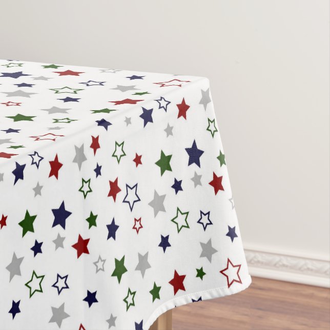 Green Red Navy Silver Stars on White  Tablecloth (In Situ)