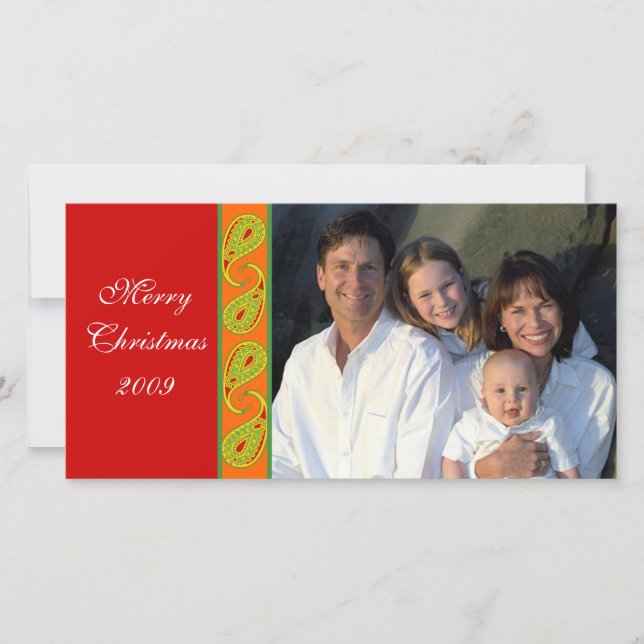 Green Red Orange Paisley Family Christmas Photo Holiday Card (Front)