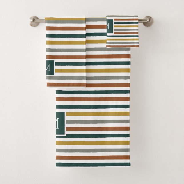 Green, Red, Orange Stripes Monogram Bath Towel Set (Insitu)