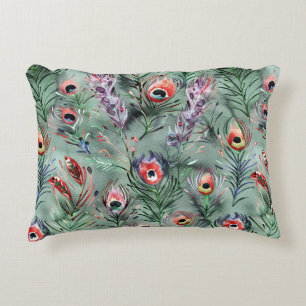 Green Red Peacock Feathers Accent Pillow