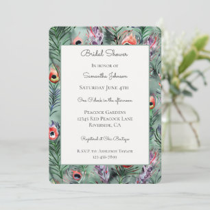 Green Red Peacock Feathers Bridal Shower Invitation