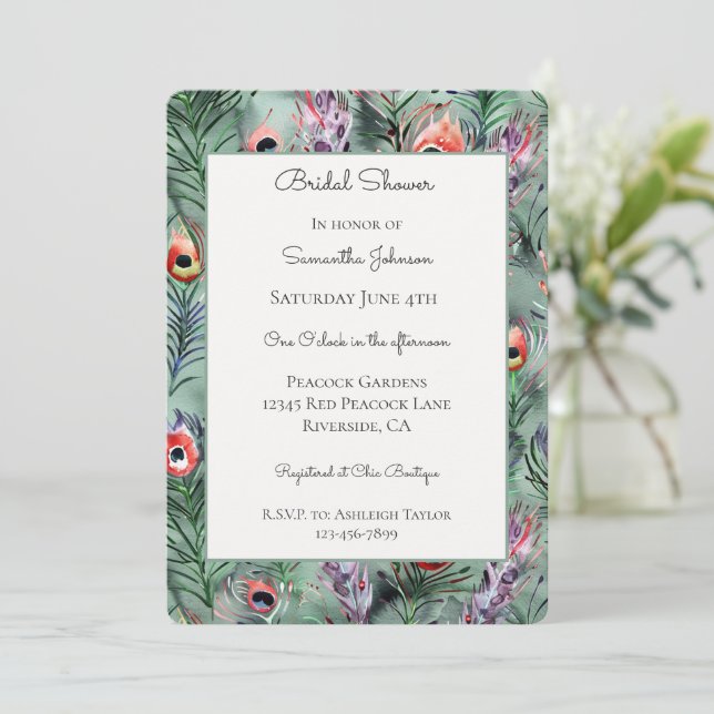 Green Red Peacock Feathers Bridal Shower   Invitation (Standing Front)
