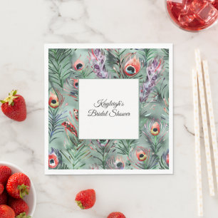 Green Red Peacock Feathers Bridal Shower Napkins