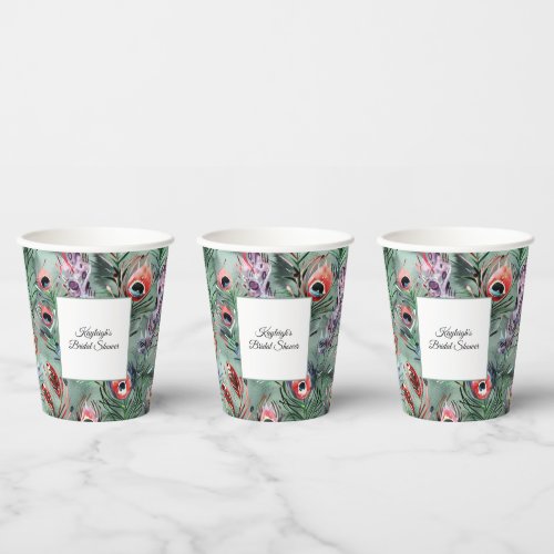 Green Red Peacock Feathers Bridal Shower Paper Cups