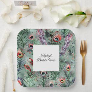 Green Red Peacock Feathers Bridal Shower Paper Plates