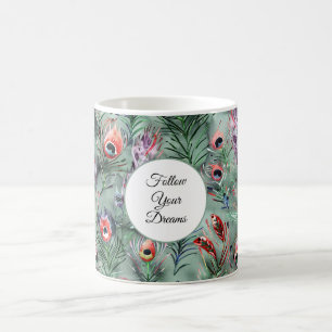 Green Red Peacock Feathers Coffee Mug
