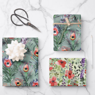 Green Red Peacock Feathers Flowers Birthday Wrapping Paper Sheets
