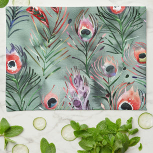 Green Red Peacock Feathers Kitchen Towel