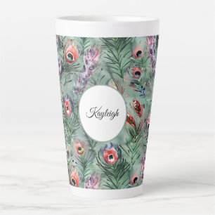 Green Red Peacock Feathers Latte Mug