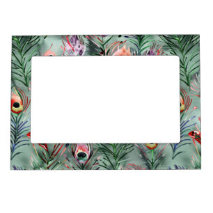 Green Red Peacock Feathers Magnetic Frame