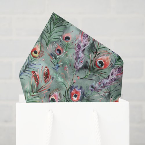 Green Red Peacock Feathers Tissue Paper