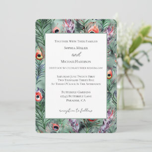 Green Red Peacock Feathers Wedding Invitation