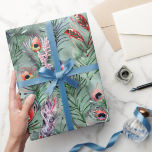 Green Red Peacock Feathers Wrapping Paper
