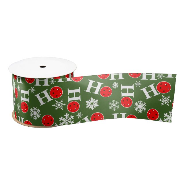 Green Red Pickleball Christmas Ho Ho Ho Snowflake Satin Ribbon (Spool)