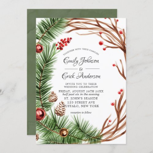 Green Red Pine Branch Wreath Christmas Wedding Invitation