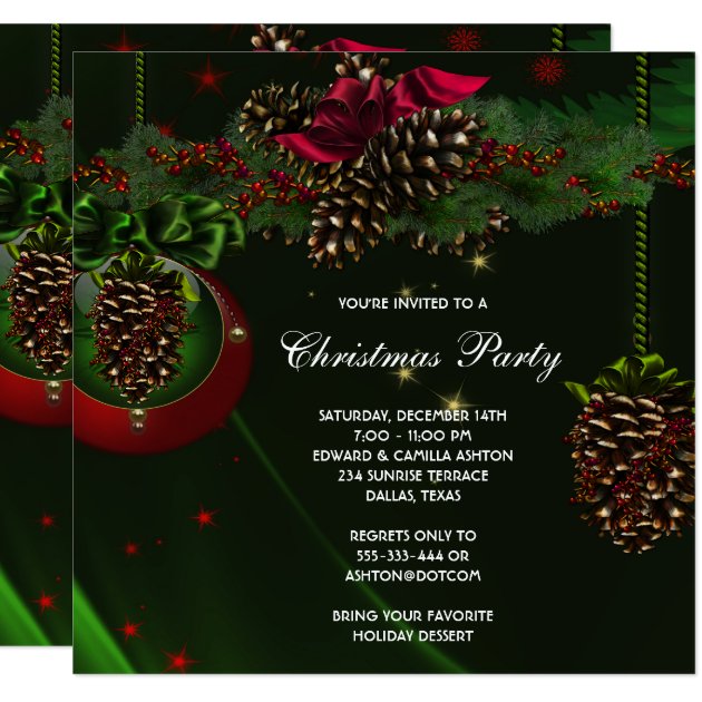 Green Red Pine Cones Elegant Christmas Party Invitation