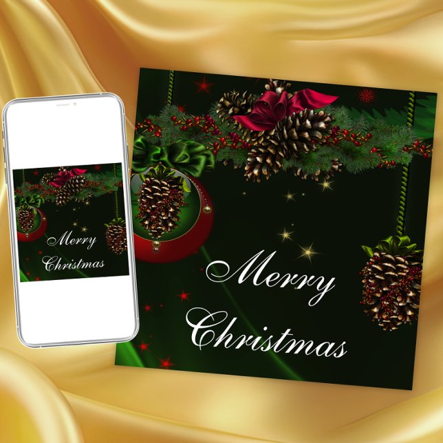 Green Red Pine Cones Elegant Christmas Party Invitation (Pinecone ornaments Christmas party invitation. Instant download and printed invitations available.)