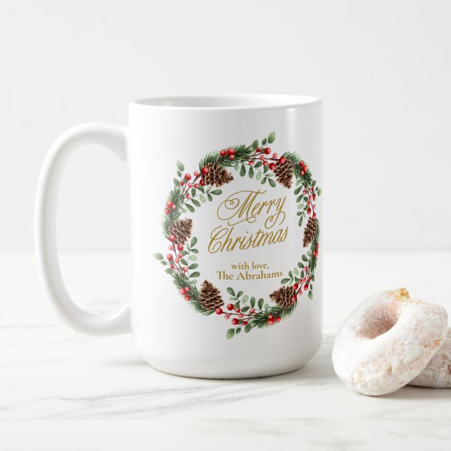 Green Red Pine Cones Gold Script Christmas Wreath Coffee Mug (With Donut)