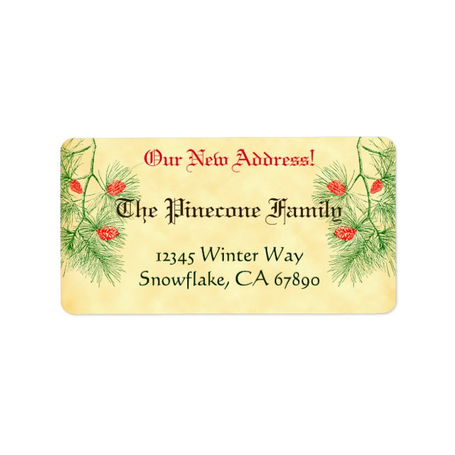 Green Red Pine Custom Holiday New Address Labels (Front)