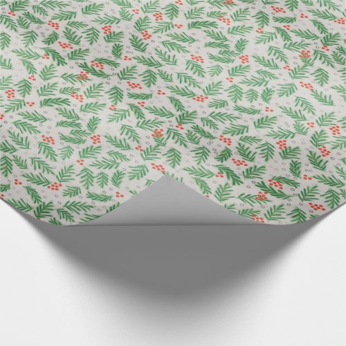 Green Red Pine tree branches and berries CHRISTMAS Wrapping Paper