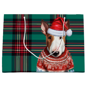 Green Red Plaid Bull Terrier Dog Lover Holiday Large Gift Bag