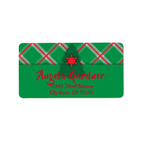 Green Red Plaid Christmas Tree And Snowflake  Label