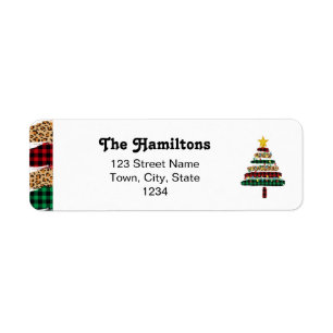 Green & Red Plaid Leopard Theme Christmas Tree Lab Label