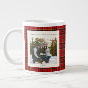 Green Red Plaid Monogram 2 Photo Rustic Christmas Giant Coffee Mug