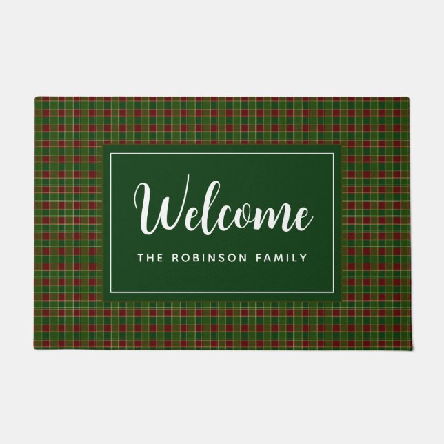 Green Red Plaid Personalized Monogram Welcome Doormat (Front)