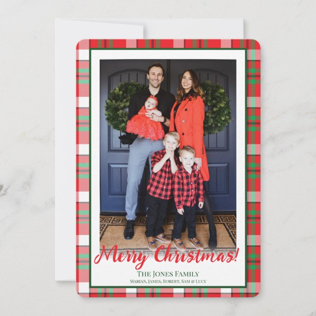 Green & Red Plaid Photo Merry Christmas  Holiday Card (Front)