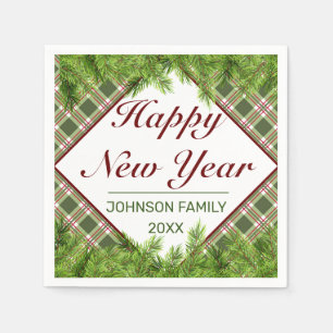 Green Red Plaid & Pine Branch Happy New Year Napkins