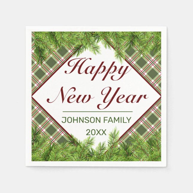 Green Red Plaid & Pine Branch Happy New Year Napkins (Front)