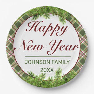 Green Red Plaid & Pine Branch Happy New Year Paper Plates