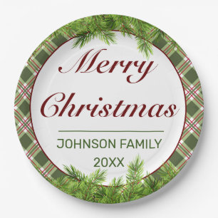 Green Red Plaid & Pine Branch Merry Christmas Paper Plates