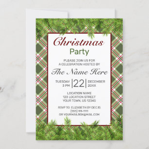 Green Red Plaid Pine Branch Merry Christmas Party Invitation