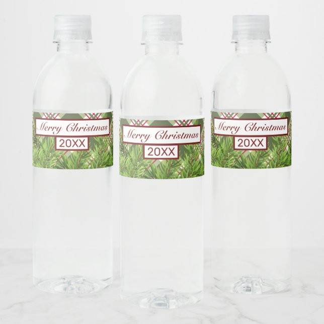 Green Red Plaid & Pine Branch Merry Christmas Water Bottle Label (Bottles)