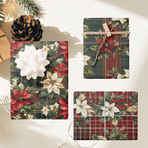 Green Red Plaid & Poinsettias Christmas Holiday Wrapping Paper Sheets