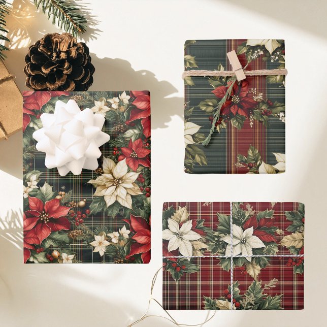 Green Red Plaid & Poinsettias Christmas Holiday Wrapping Paper Sheets (Creator Uploaded)