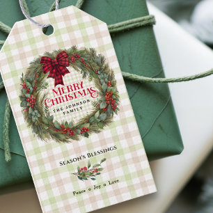 Green Red Plaid Rustic Farmhouse Christmas Wreath Gift Tags