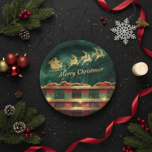 Green Red Plaid Santa Sleigh Merry Christmas Paper Plates