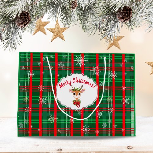 Green  Red Plaid Snowflake Vintage Reindeer Large Gift Bag