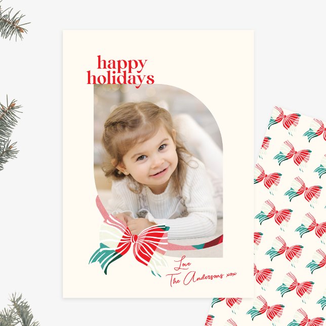 Green & Red Plaid Tied With Bow Family Photo Holiday Card (Creator Uploaded)