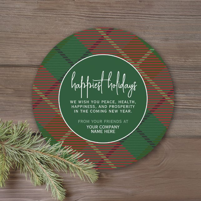 Green Red Plaid with Corporate Greeting Business Holiday Card (Plaid Christmas Card - Happiest Holidays)