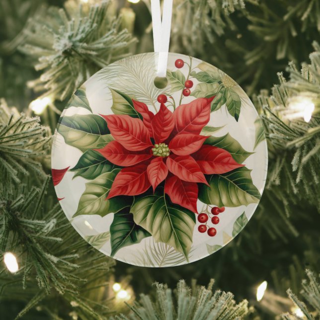 Green Red Poinsettia Flower Christmas Holiday Glass Ornament (Insitu)