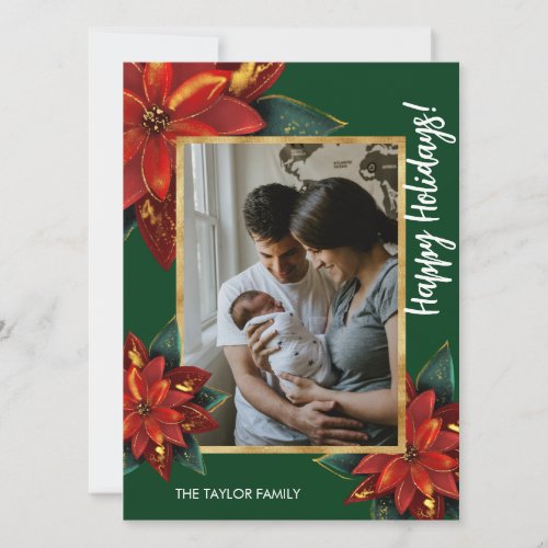 Green Red Poinsettia Merry Christmas Family Photo  Holiday Card