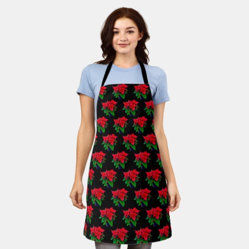 Green  Red Poinsettia Pot Plant Pattern on Black Apron