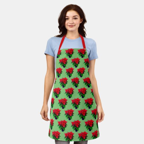 Green  Red Poinsettia Pot Plant Pattern on Green Apron